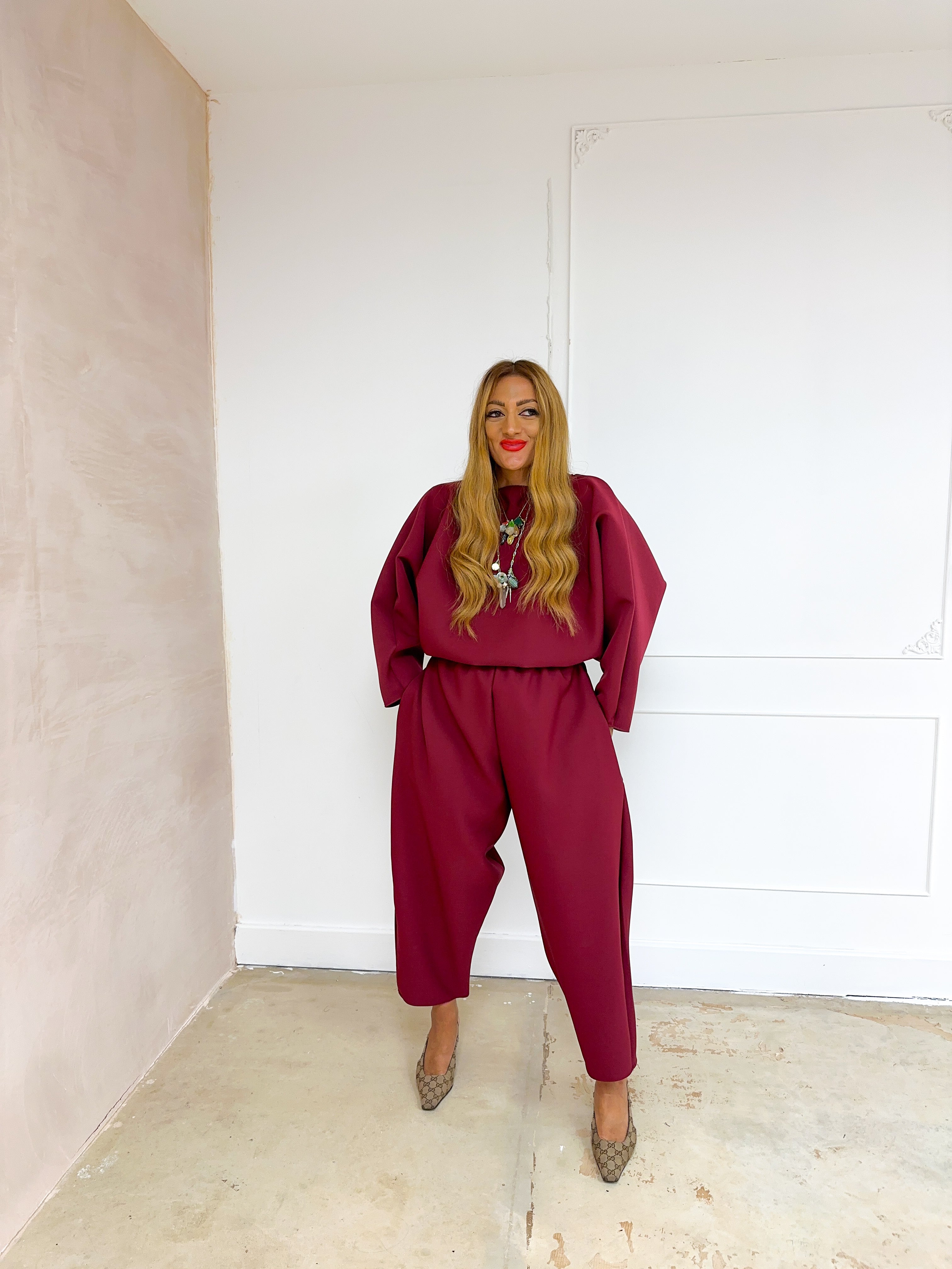 Puff Sleeve Scuba Jumper In Burgundy