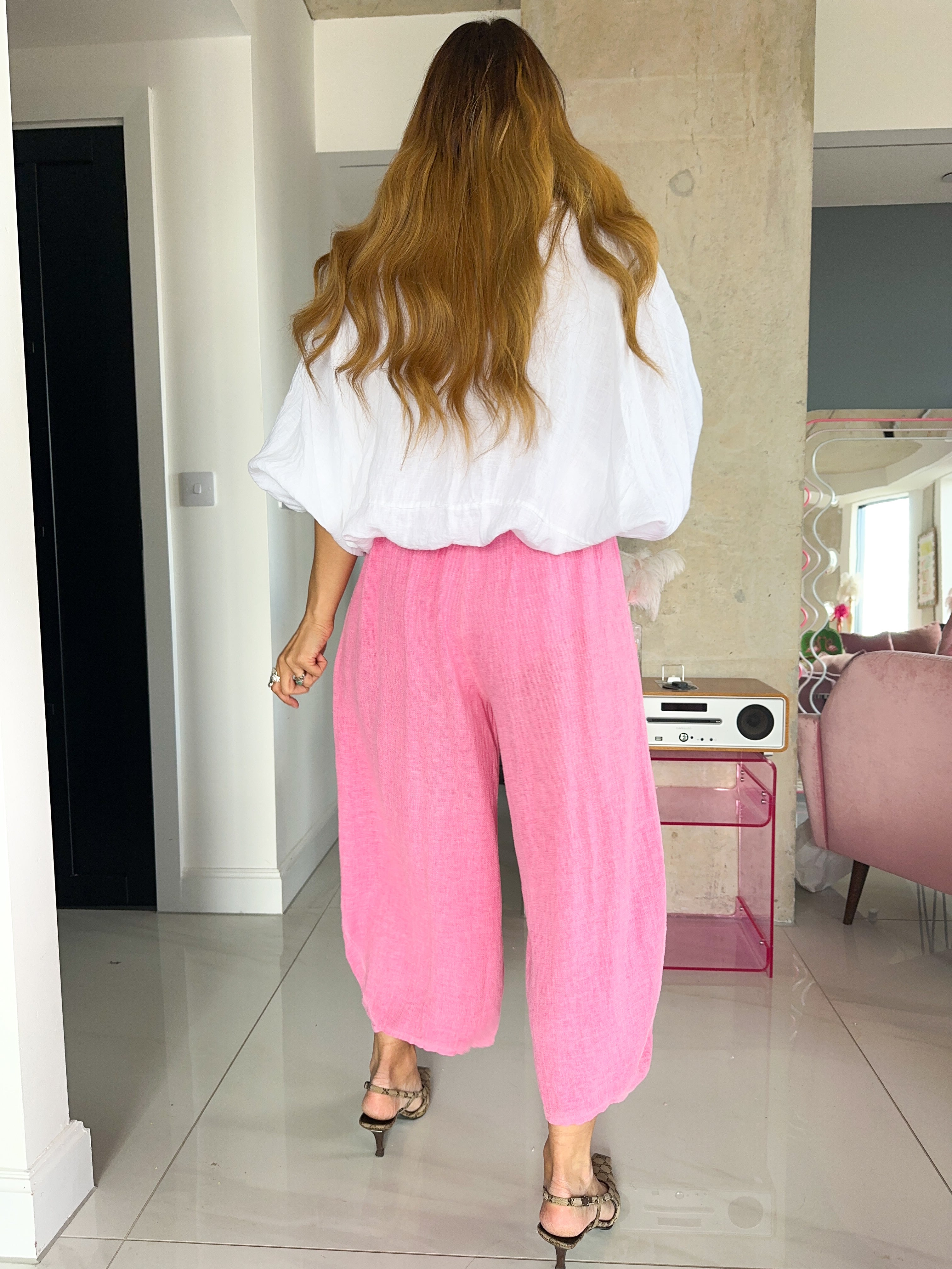 Linen Balloon Style Trousers In Candy Pink