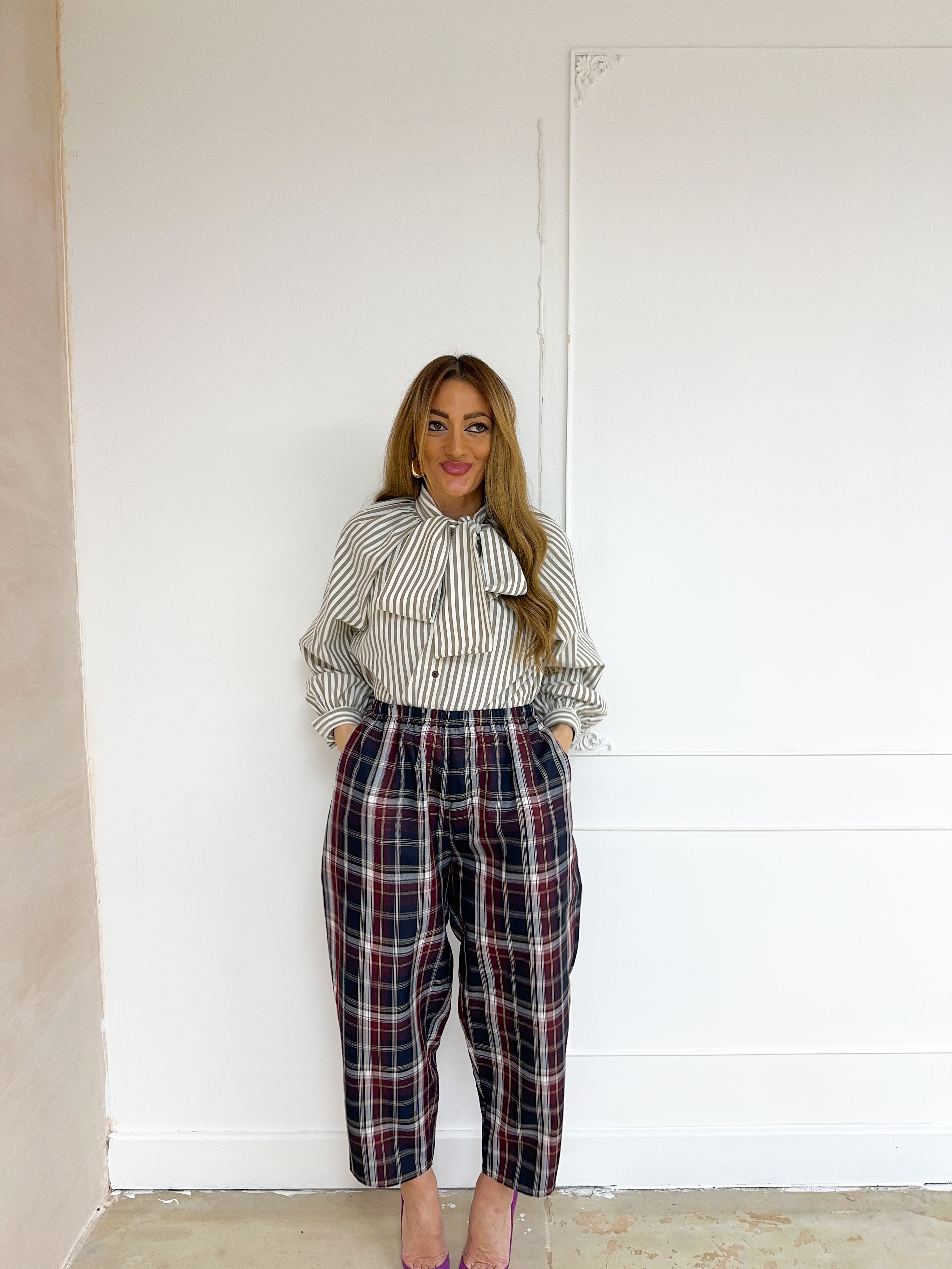 Stripe Bow Front Shirt In Brown And Cream