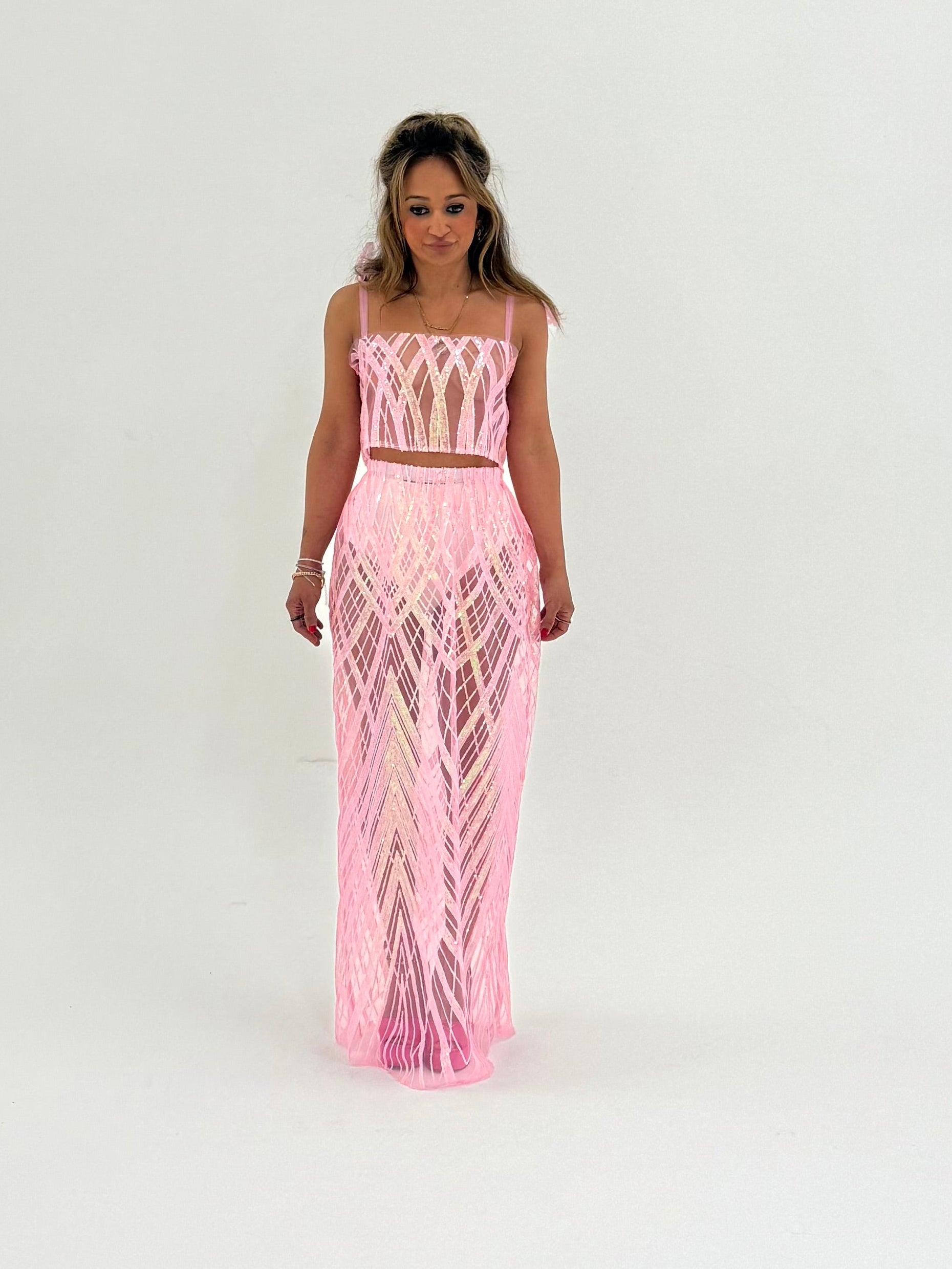 Solaris Supernova Crop Sequin Vest In Baby Pink