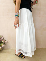 Tiered Lace Hem Midi Skirt In White