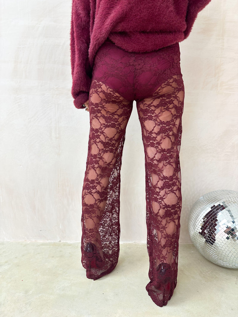 High Waisted Straight Leg Lace Trousers In Burgundy