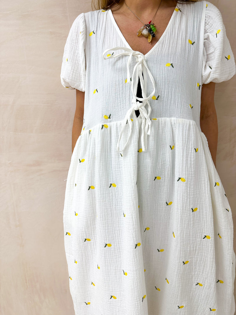 Scattered Lemon Print Midi Dress In White