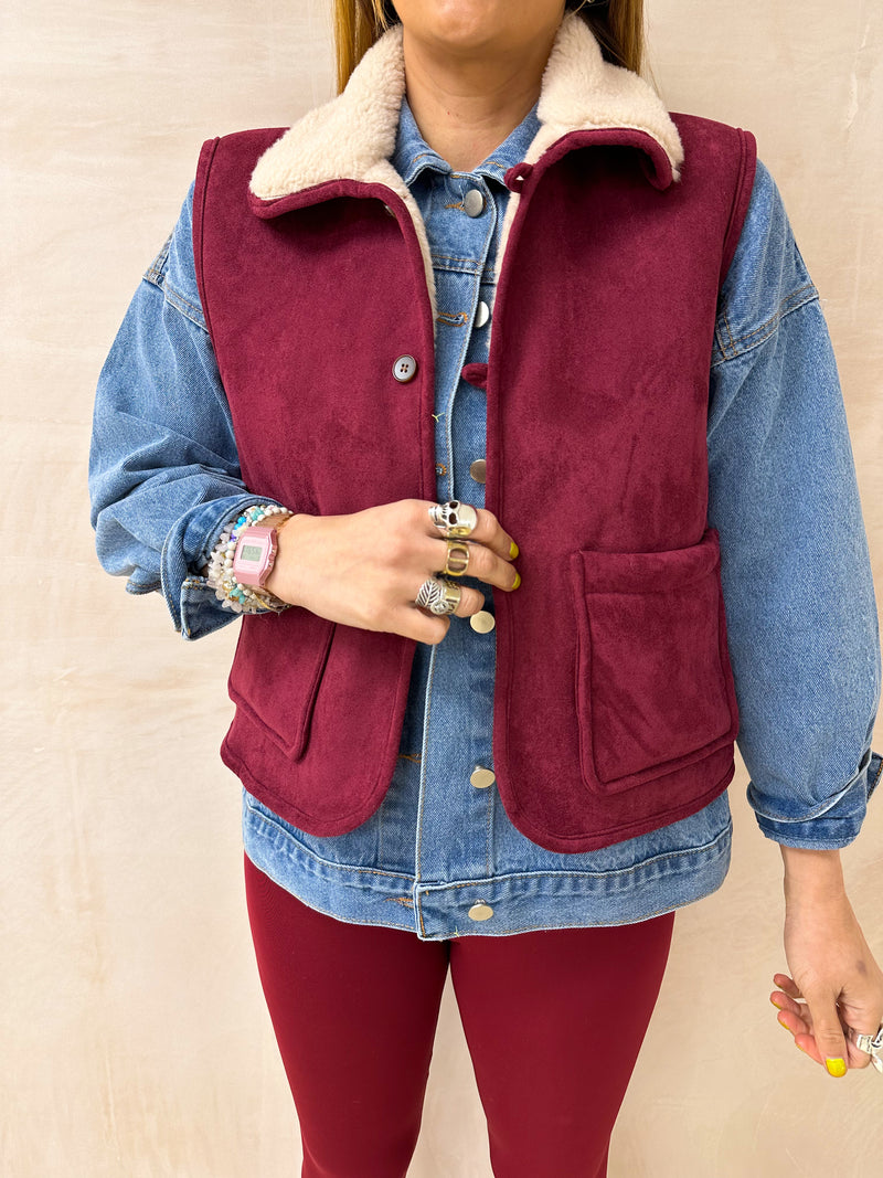 Faux Suede Gilet In Burgundy