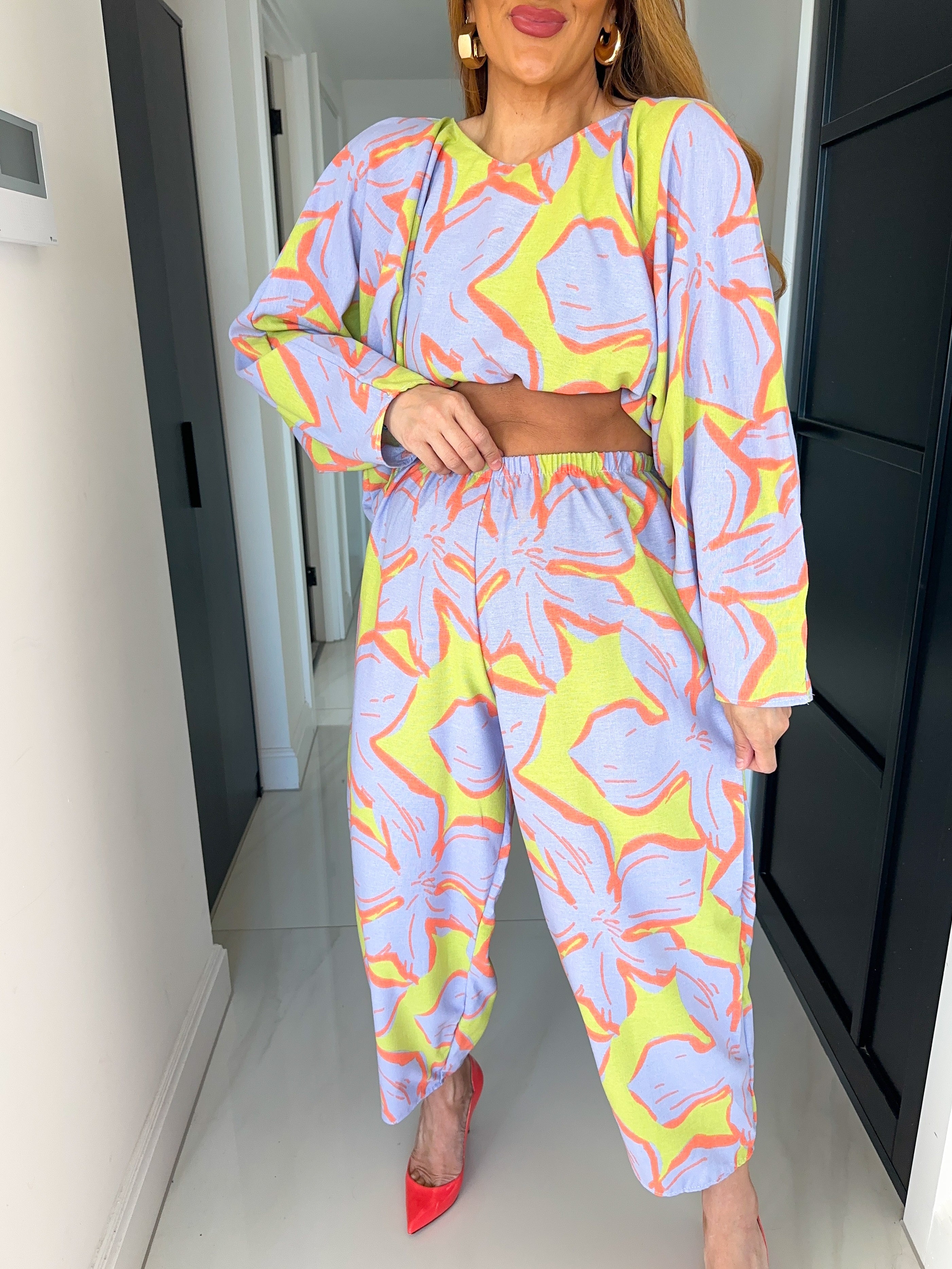 High Waisted Balloon Trousers In Abstract Flower Print