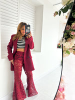 Petite - Fairytale Lace Extreme Flare Trousers In Burgundy