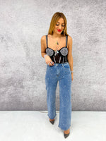 Scattered Diamante Detail Jeans In Blue Wash