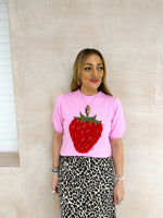 Strawberry Detail Short Sleeve Jumper In Baby Pink