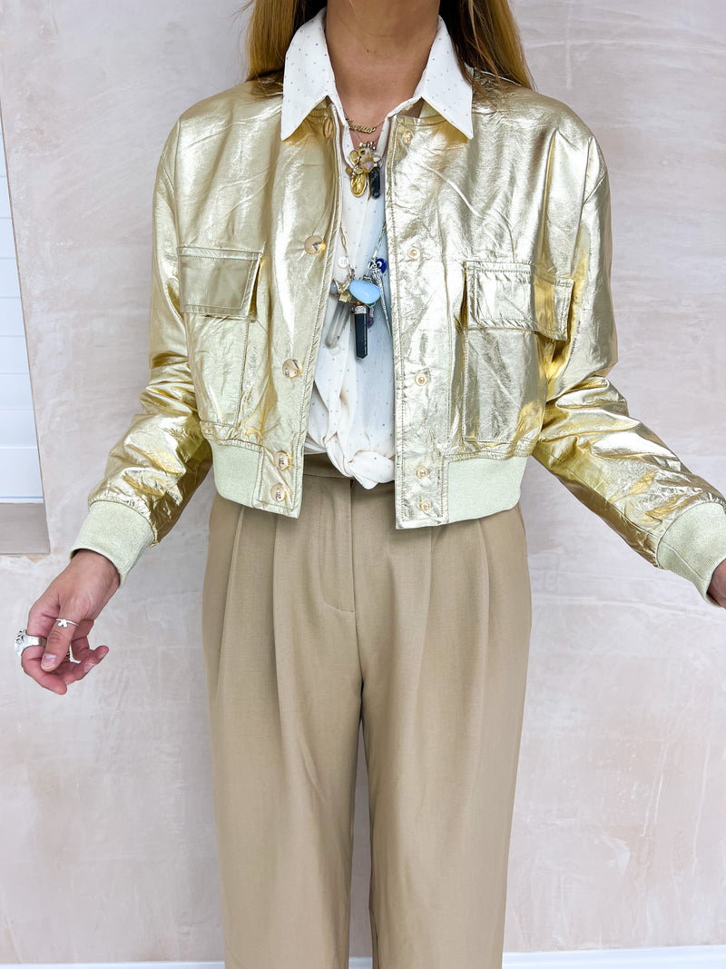 Cropped Faux Leather Bomber Jacket In Gold Metallic