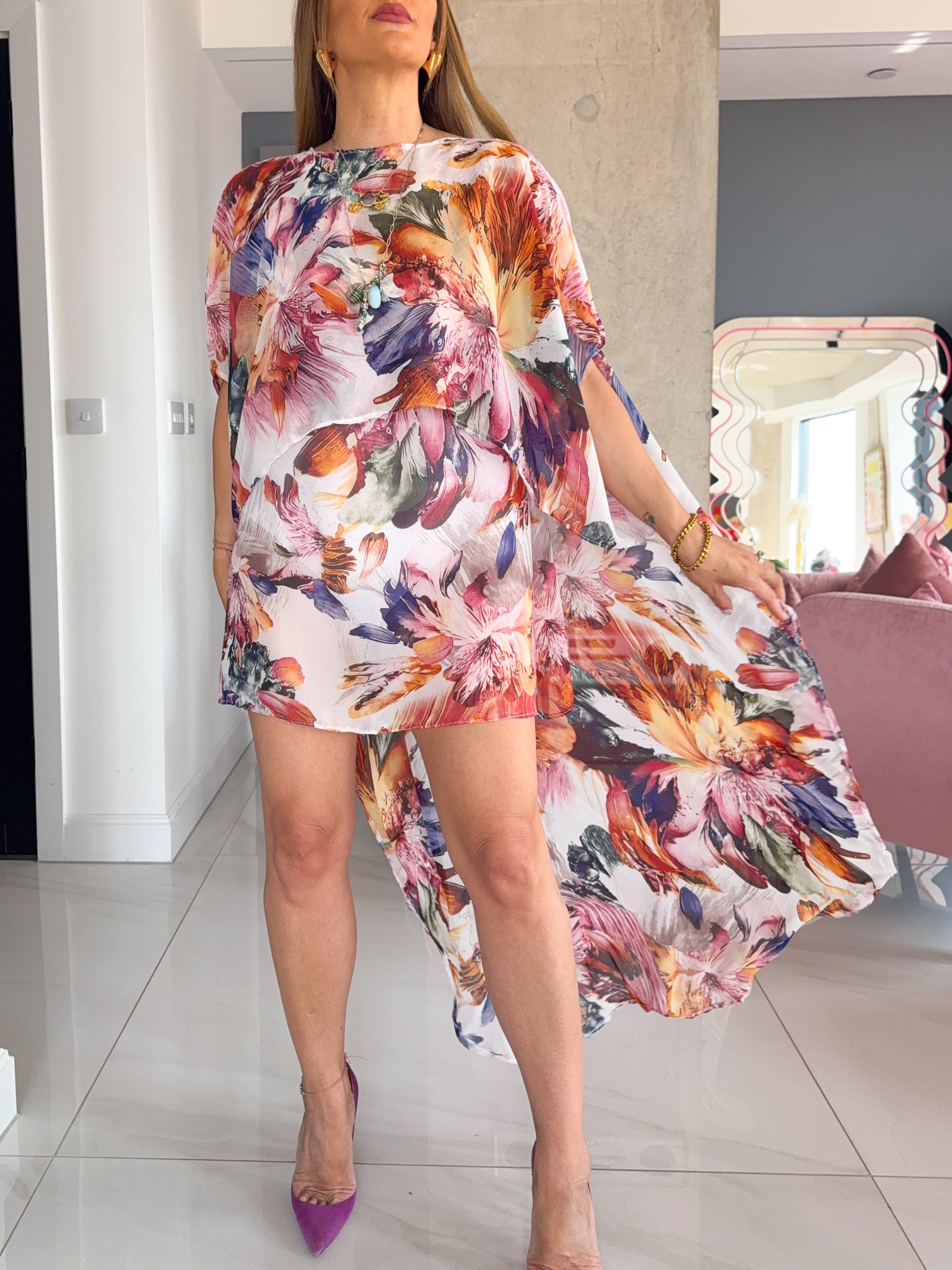 The Flora Chiffon Cape Dress In Floral Print