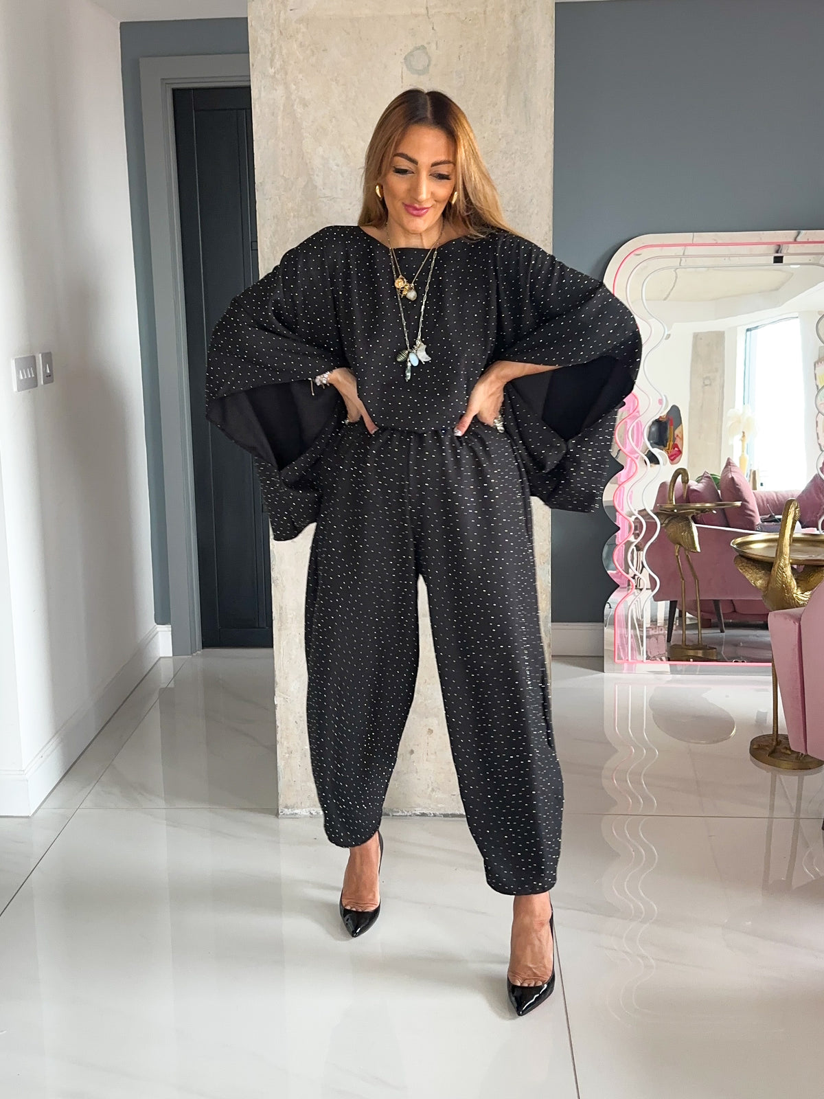 Core 0.2 Scattered Rhinestone Kimono Style Top In Black