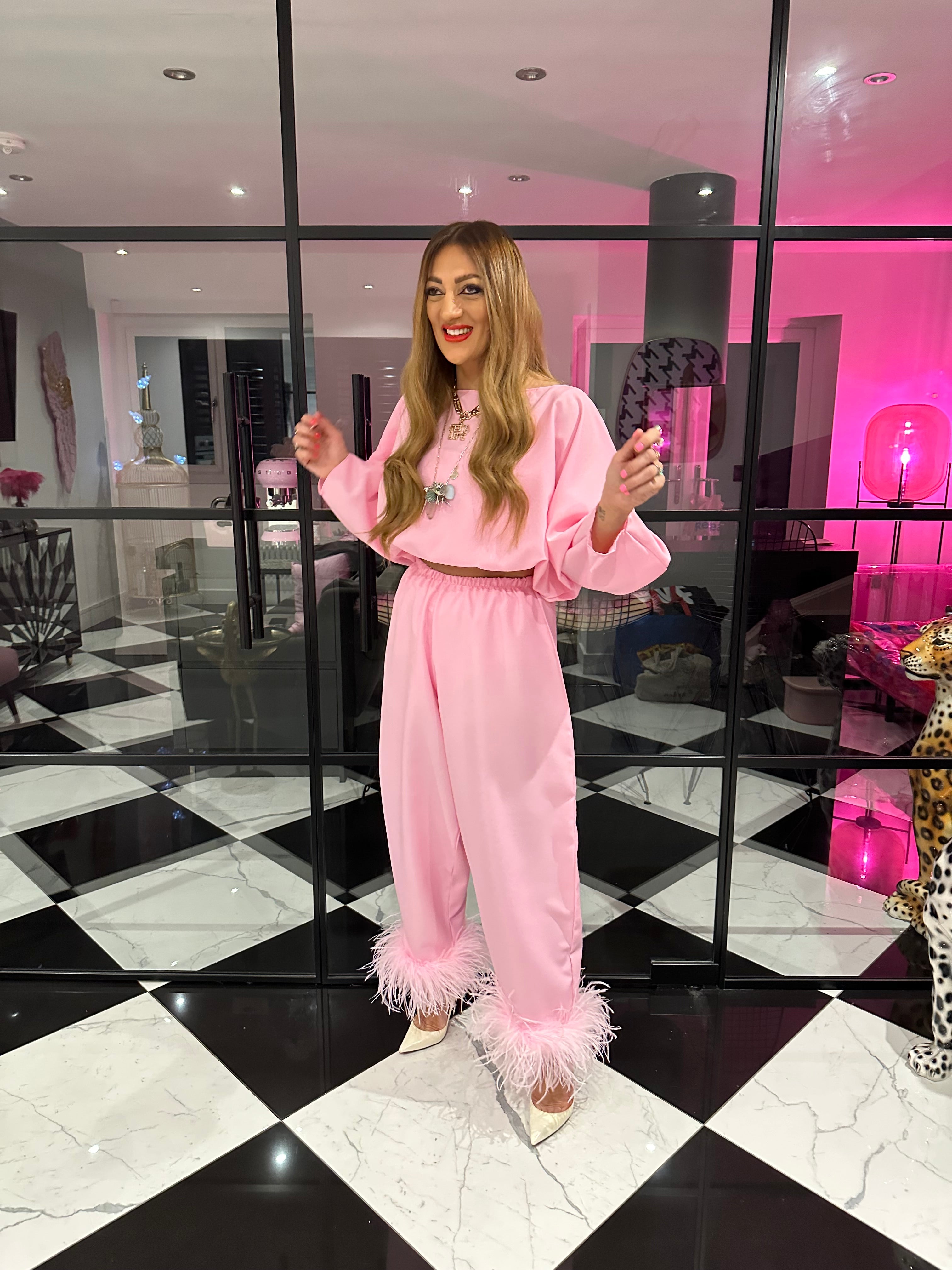 Feather Hem Balloon Trousers In Baby Pink