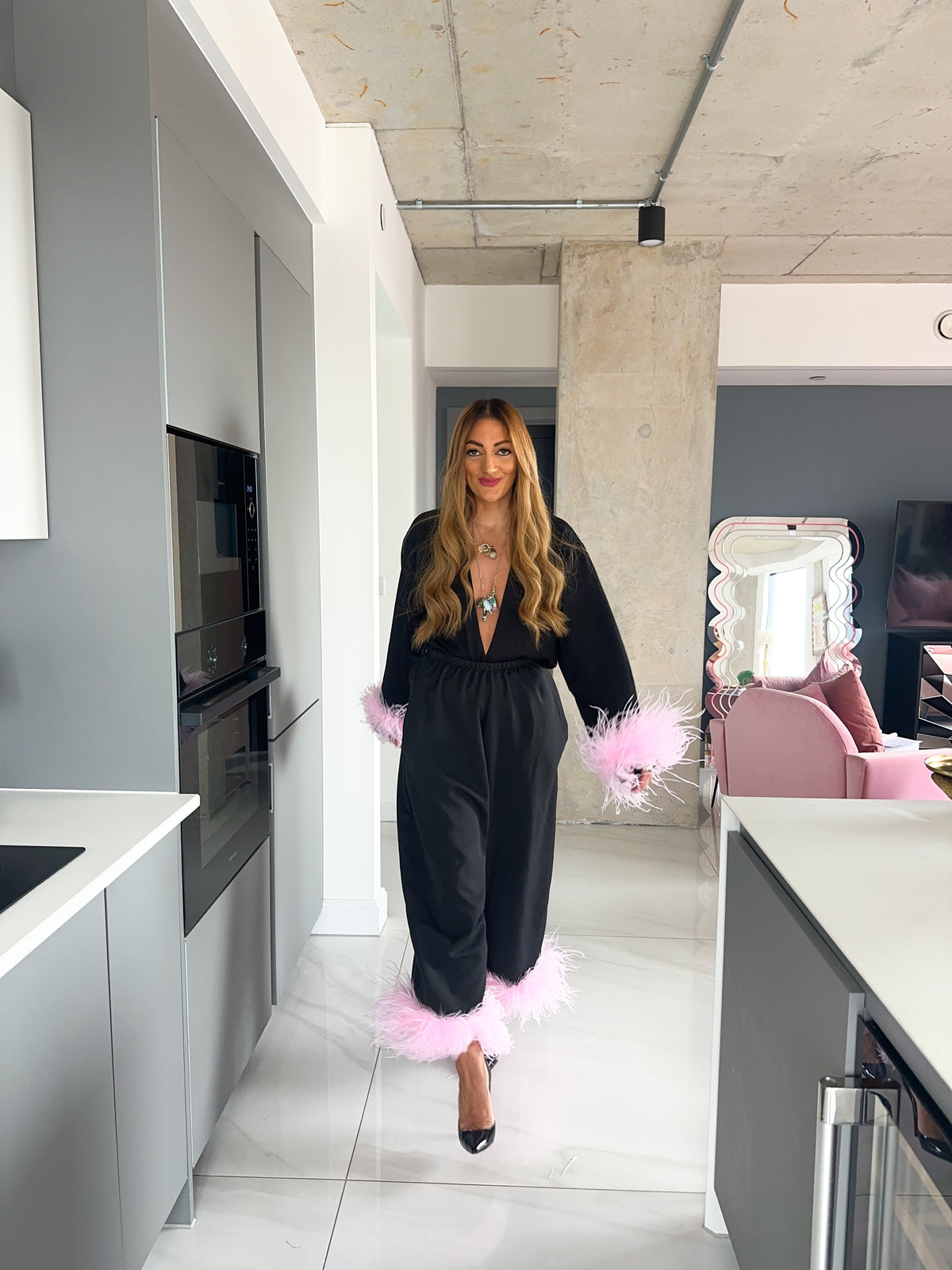 Pink Feather Cuff Shirt In Black