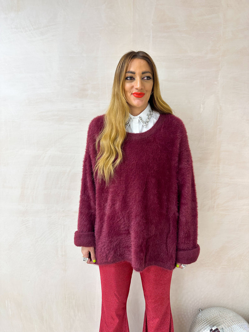 Fluffy Slouch Jumper In Burgundy