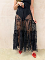 Full Circle Sheer Lace Midi Skirt In Black