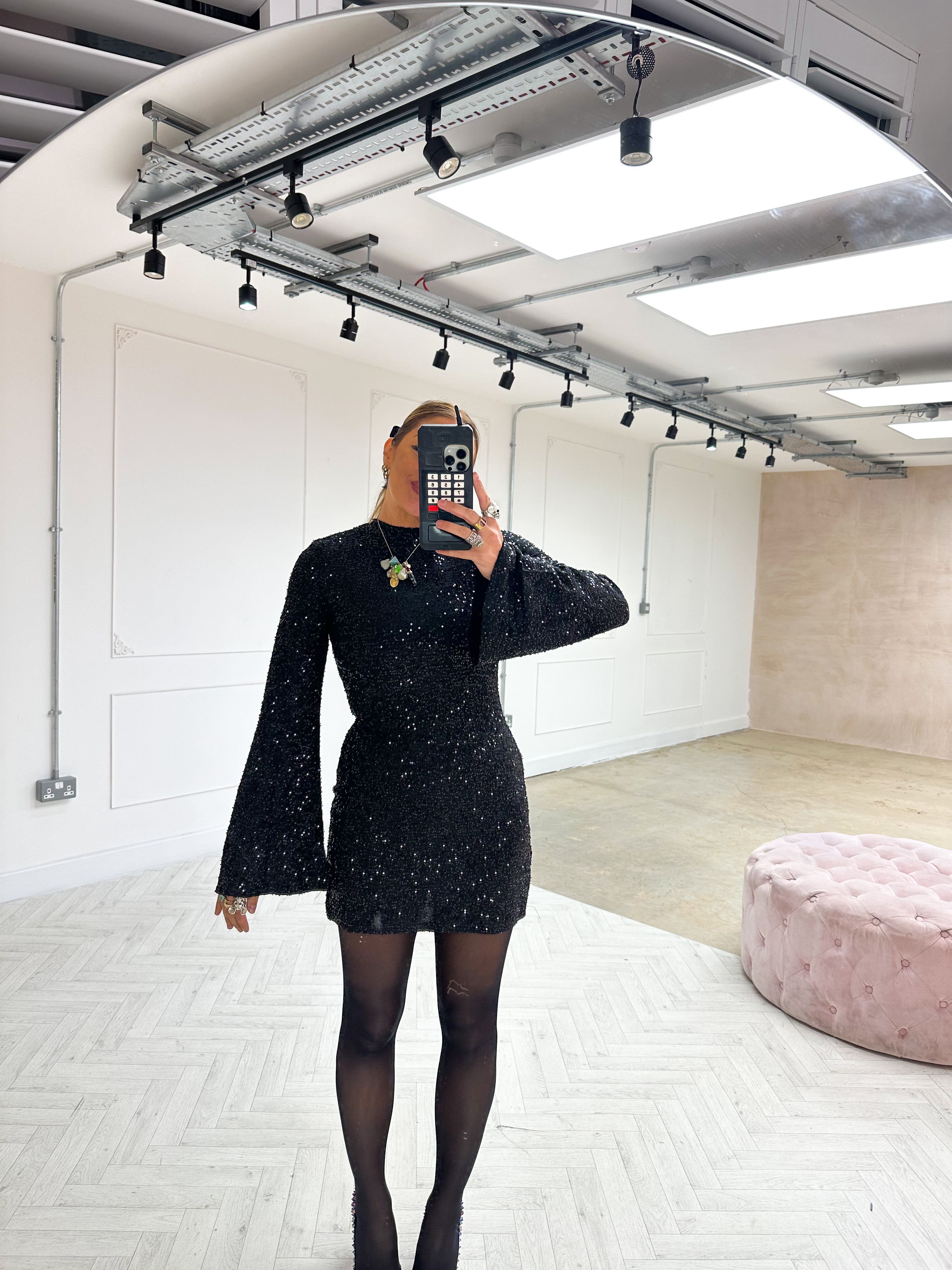 Flare Sleeve Sequin Mini Dress In Black