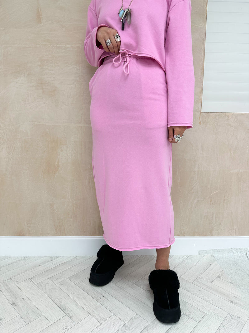 Drawstring Sweatshirt Style Midi Skirt In Candy Pink