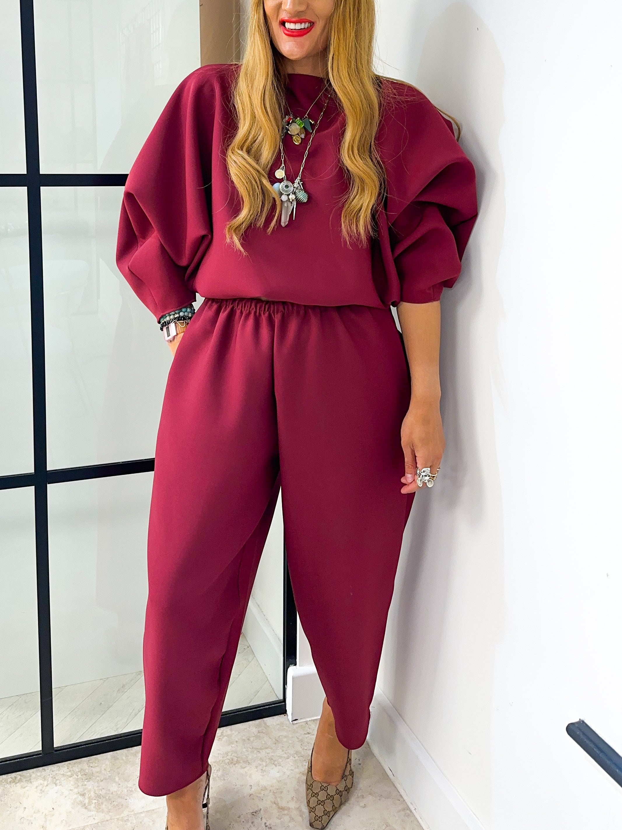 Puff Sleeve Scuba Jumper In Burgundy