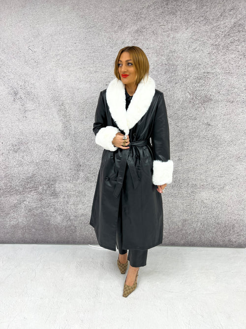 Contrast Faux Fur Detailing Faux Leather Trench Coat In Black