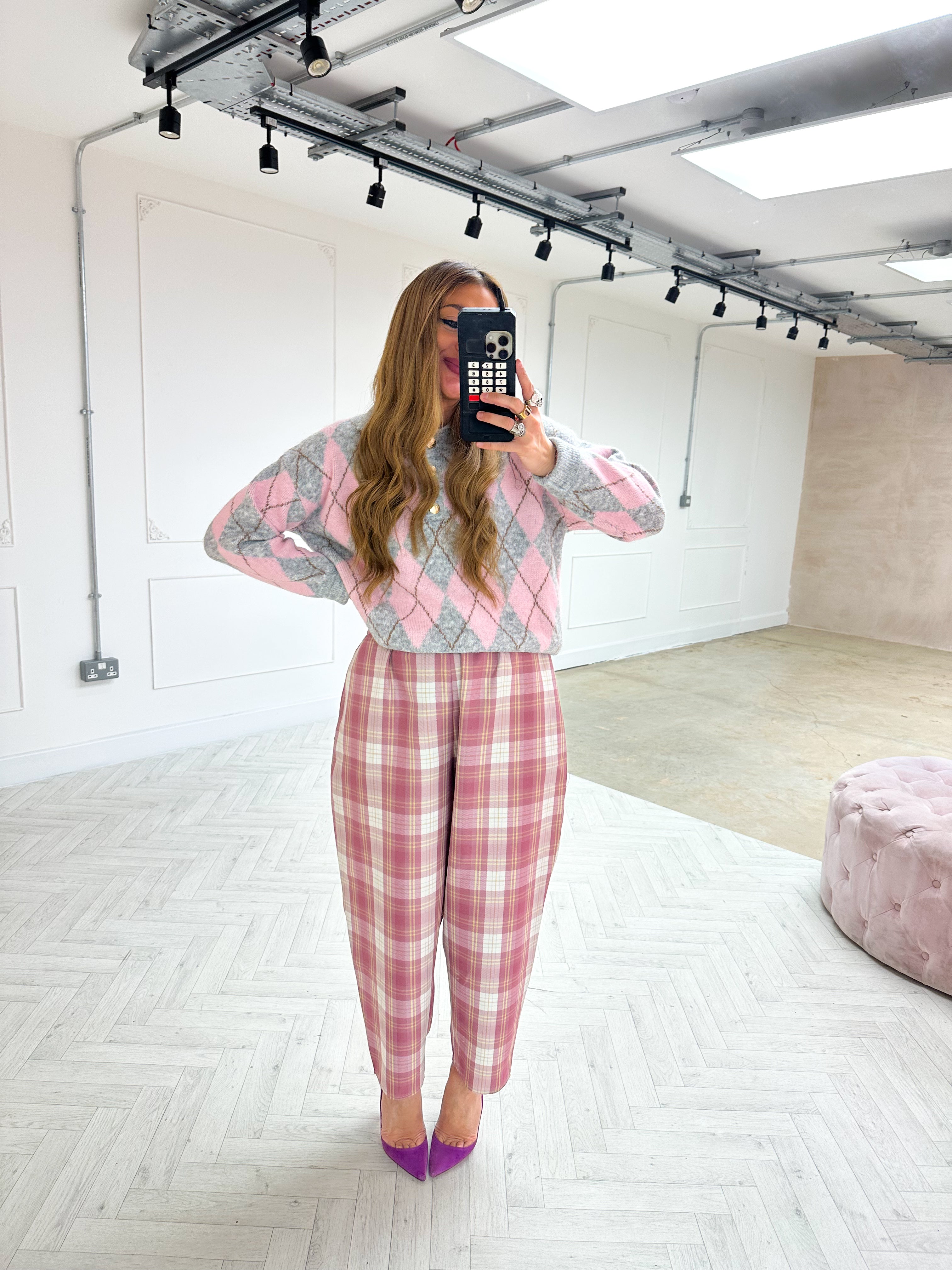 Argyle Polo Style Jumper In Grey/Pink