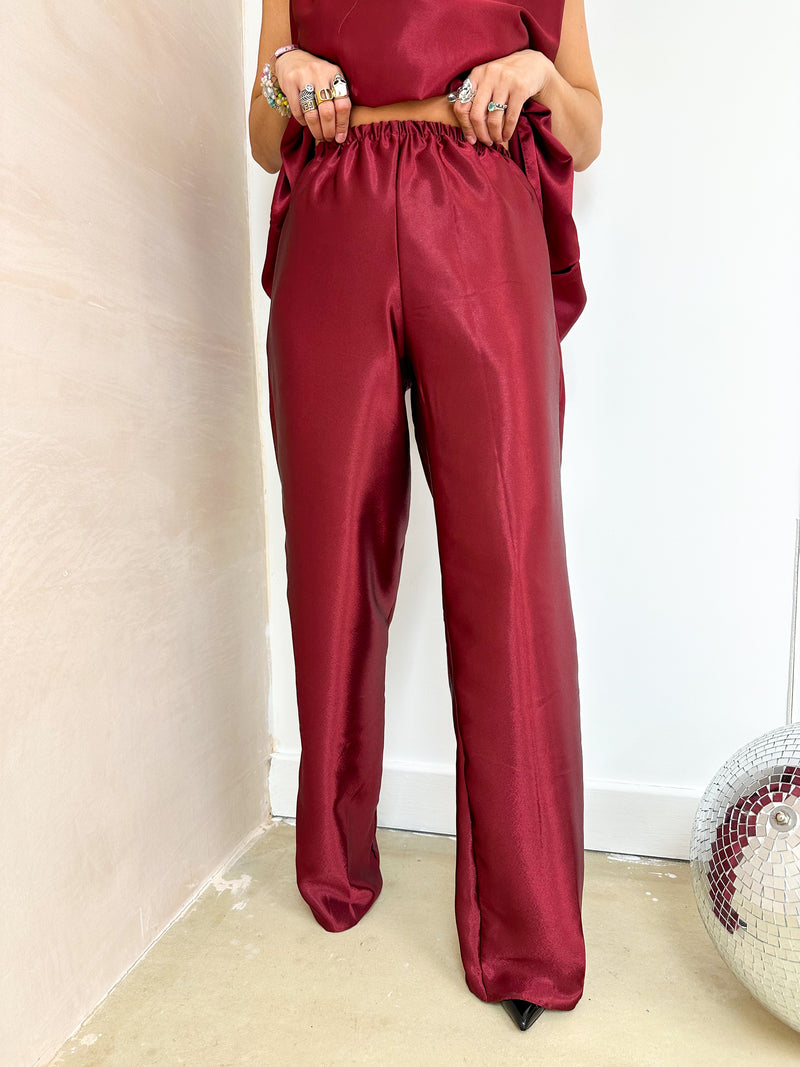 The Midnight Satin Wide Leg Trousers In Burgundy