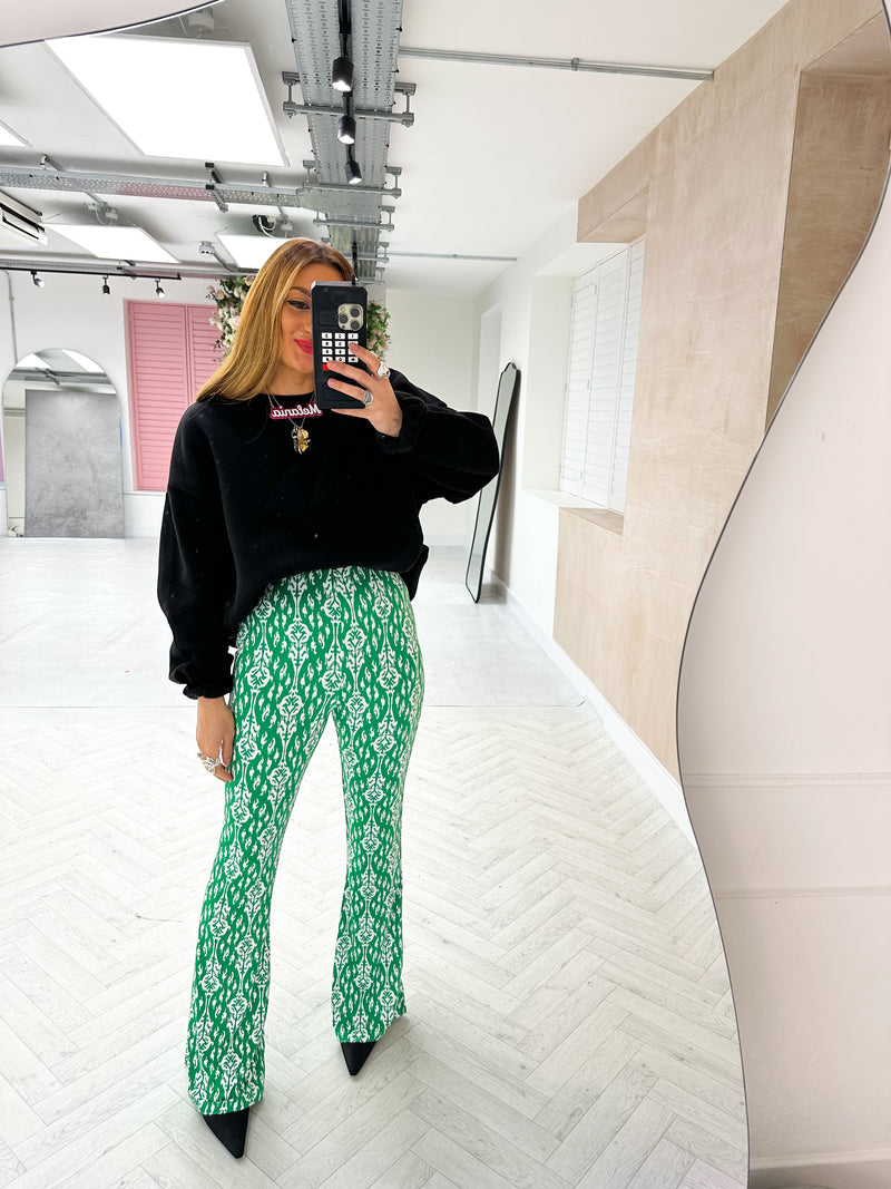 High Waisted Flared Trousers In Green Baroque Print