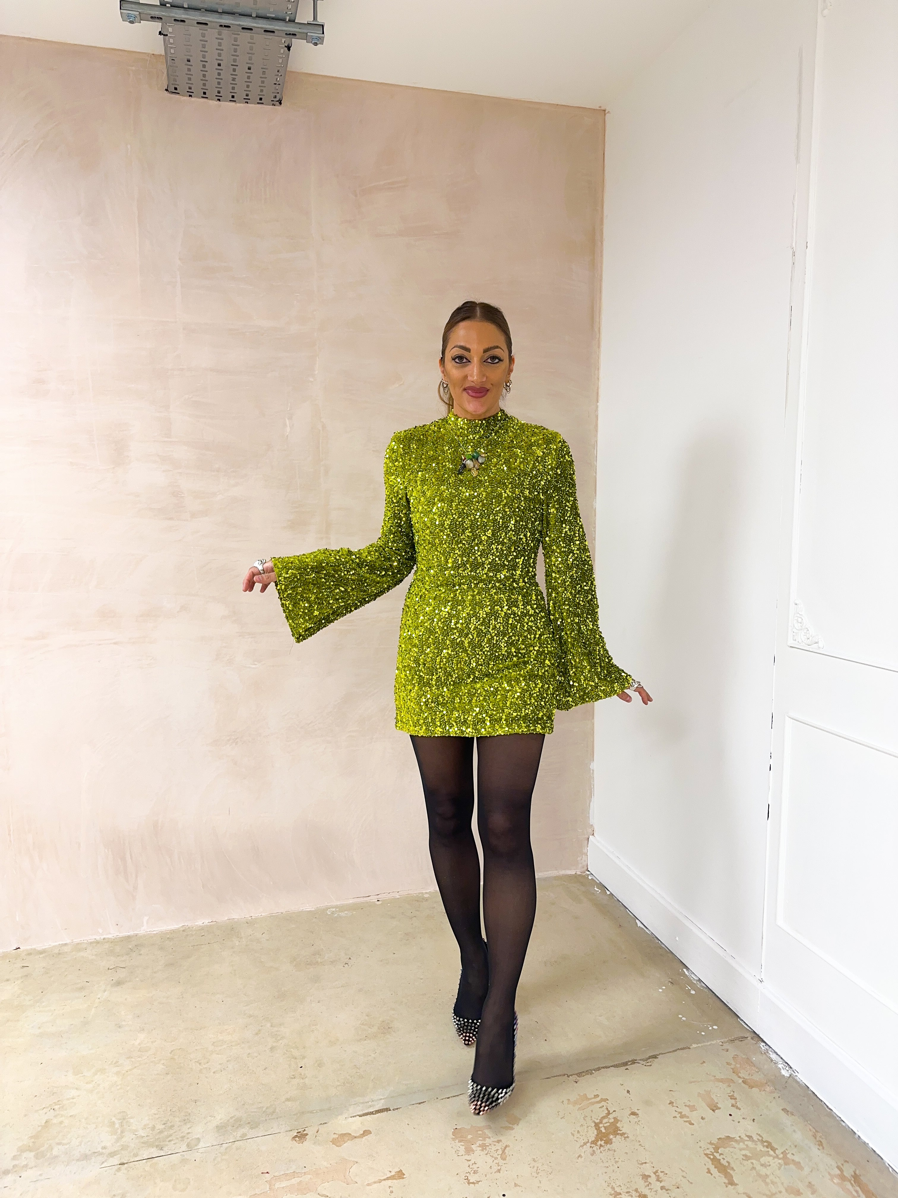 Flare Sleeve Sequin Mini Dress In Green