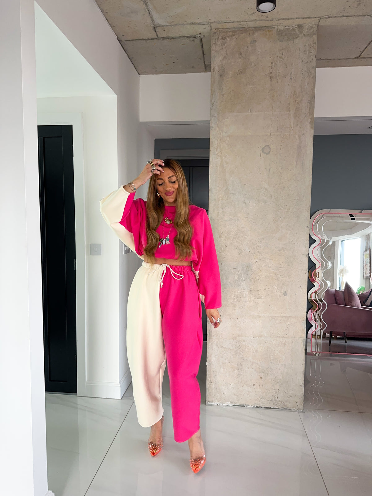 Core Collection Contrast Balloon Trousers In Pink/Cream