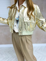 Cropped Faux Leather Bomber Jacket In Gold Metallic