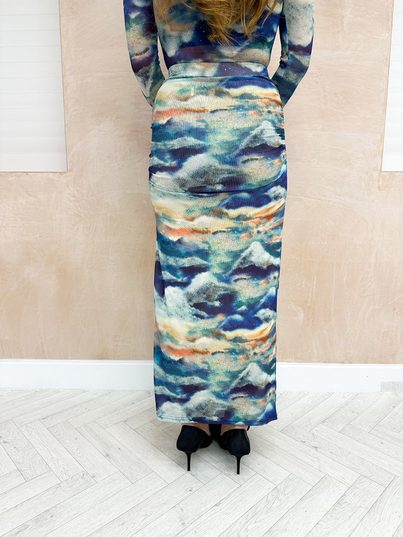Split Side Mesh Midi Skirt In Blue Mix Cloud Print
