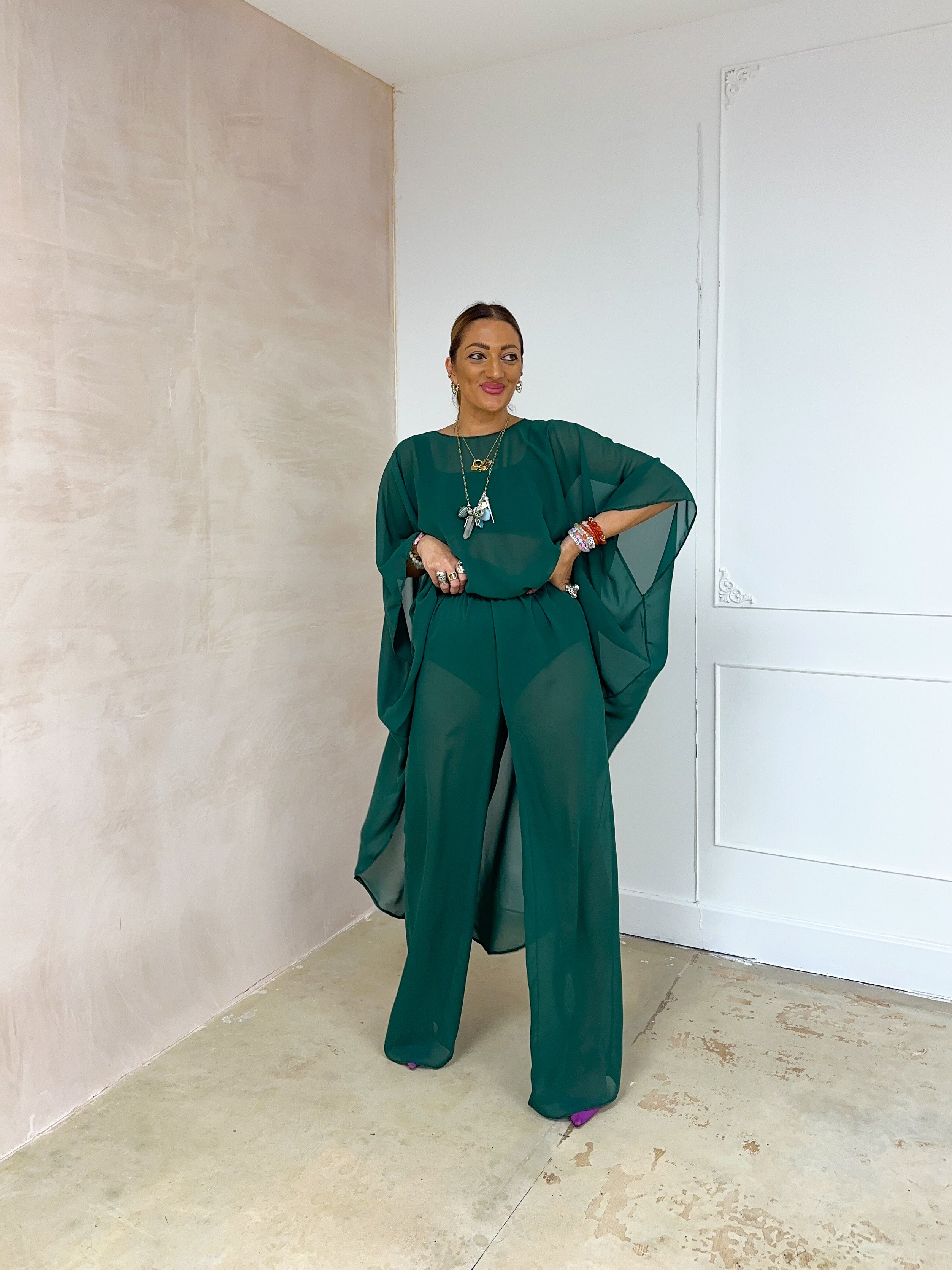 The Jasmine Chiffon Dress In Bottle Green