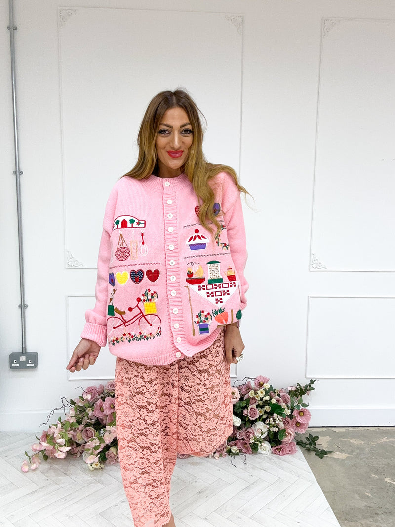 'Candy Shop' Embroidered Cardigan In Pink