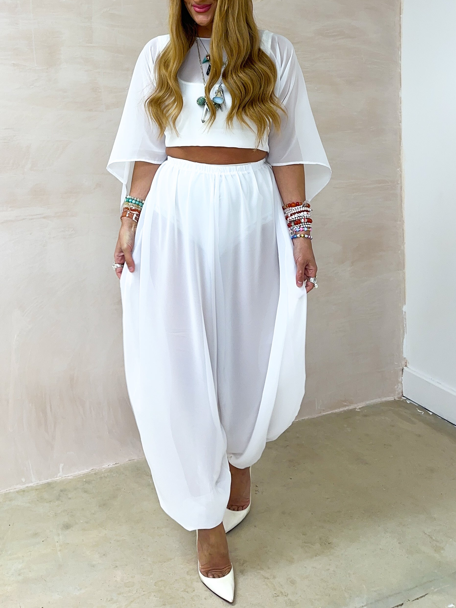 The Jasmine Aladdin Trousers In White Chiffon