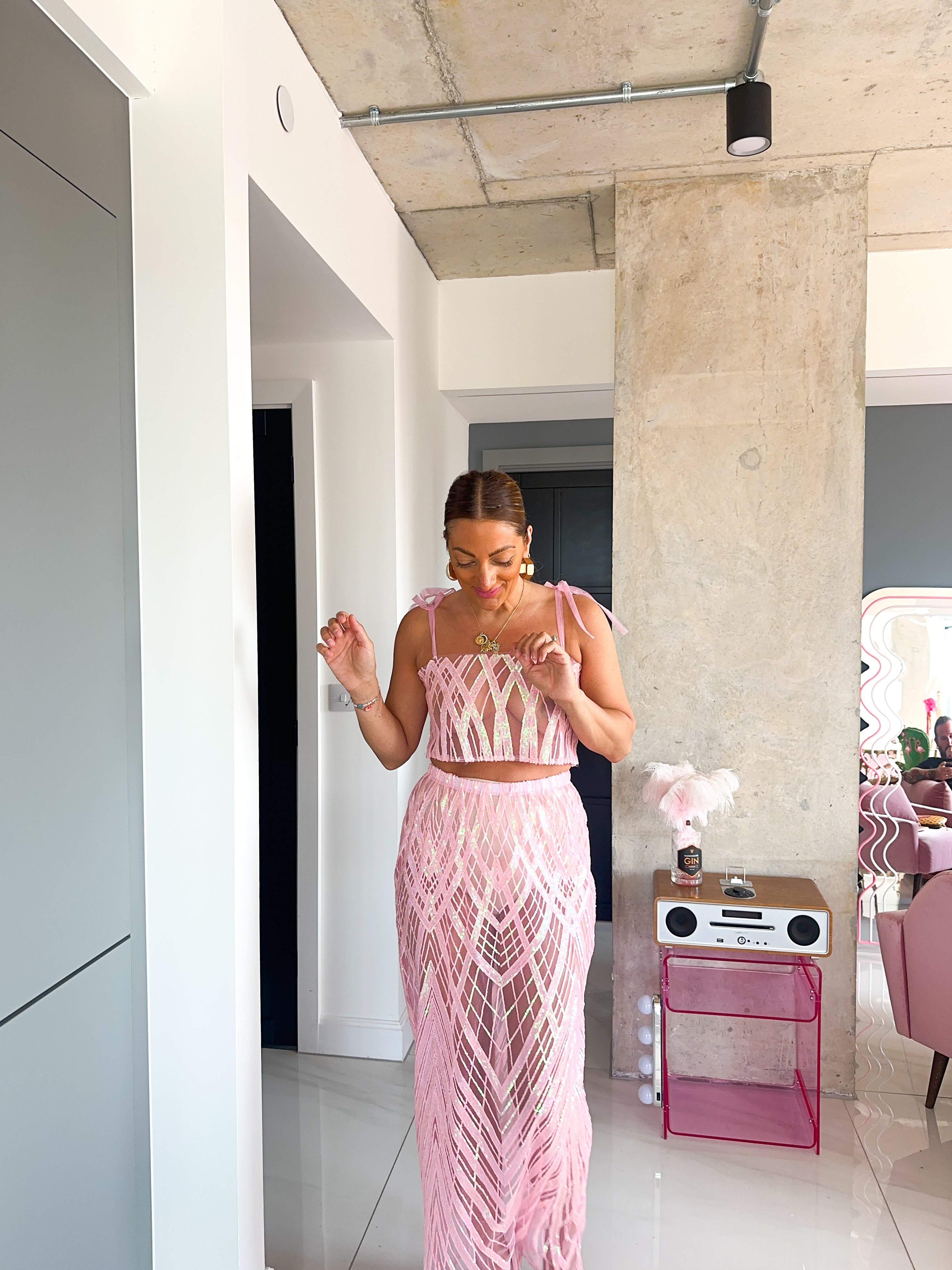 Solaris Supernova Crop Sequin Vest In Baby Pink