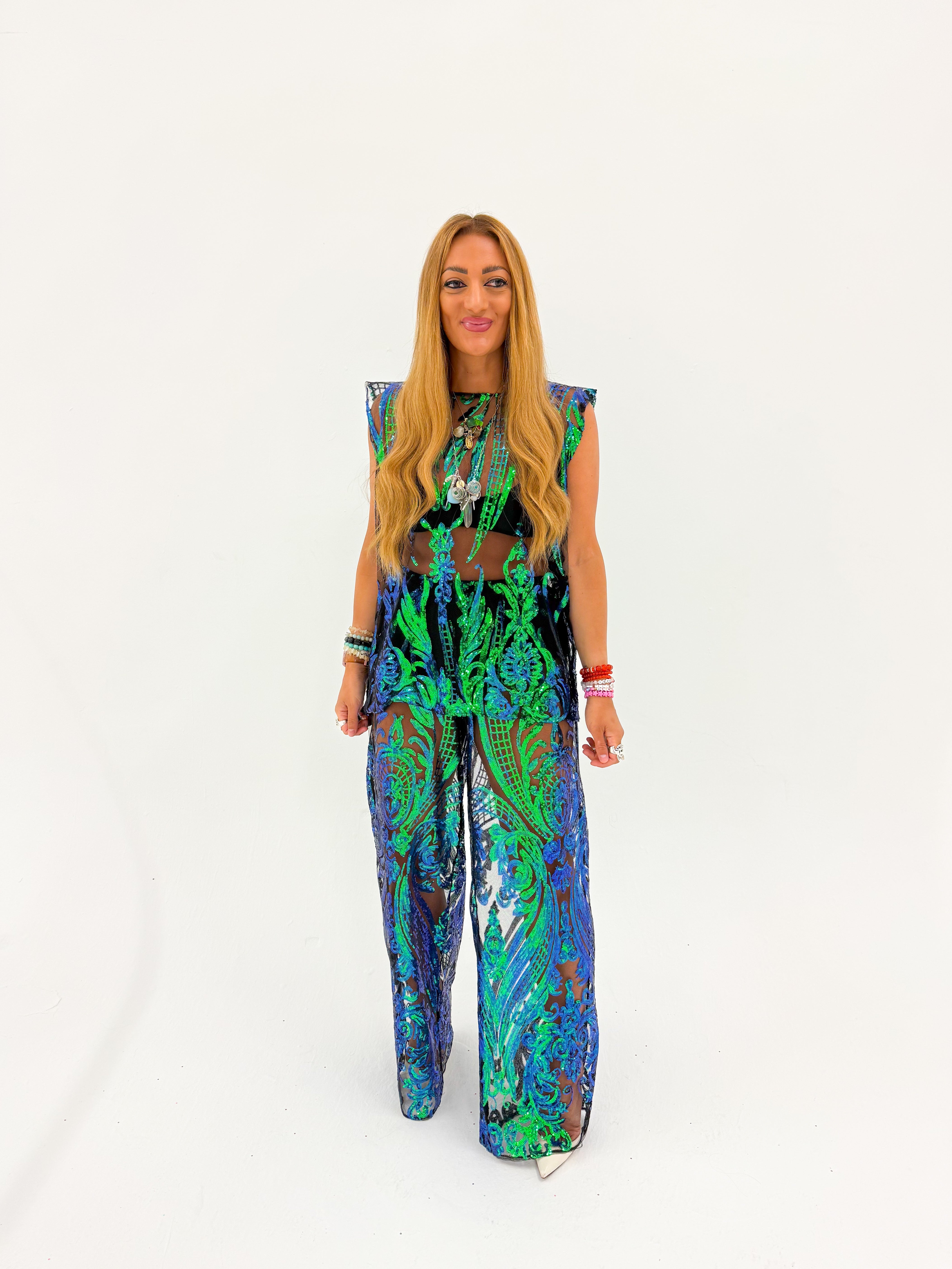The Solaris Sequin Trousers In Bottle Green