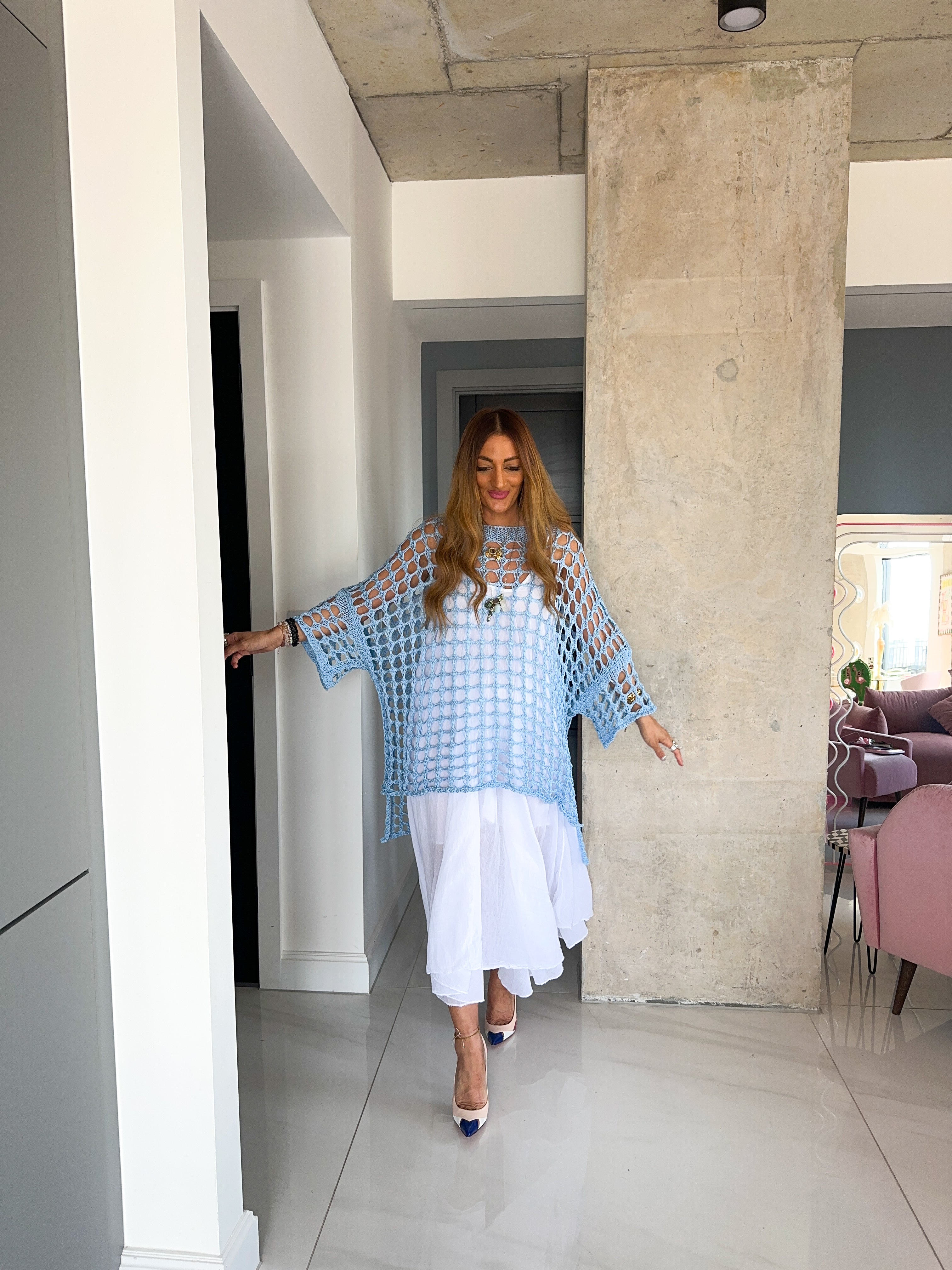 Loop Knit Oversized Sheer Jumper In Candy Blue