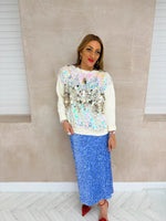 High Waisted Sequin Midi Skirt In Baby Blue