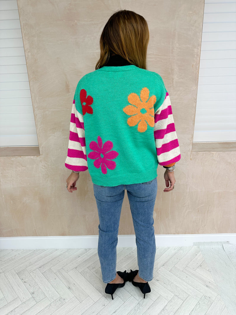 Slouch Fit Floral Cardigan In Bright Green