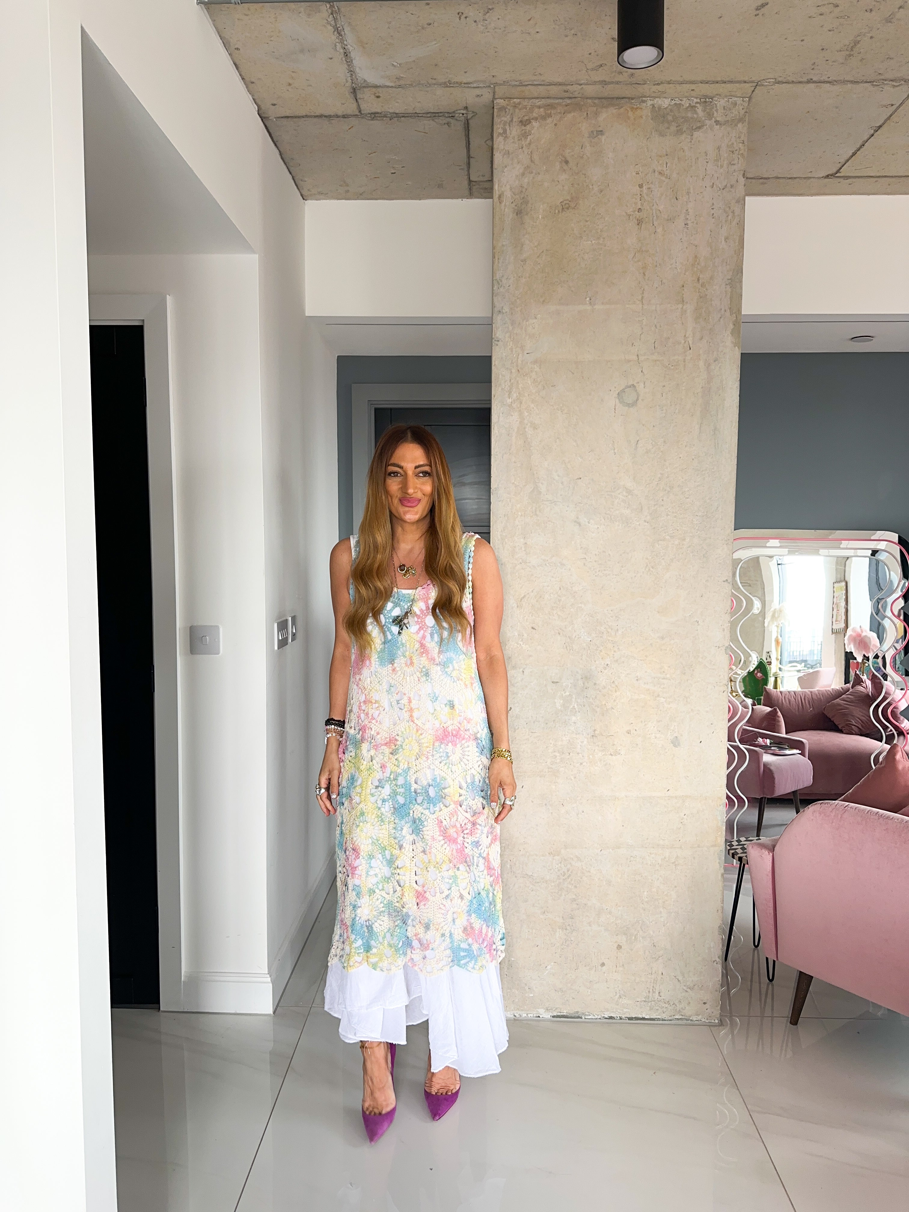 Tie Dye Crochet Midi Dress In Pastel Rainbow