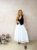 Tiered Lace Hem Midi Skirt In White