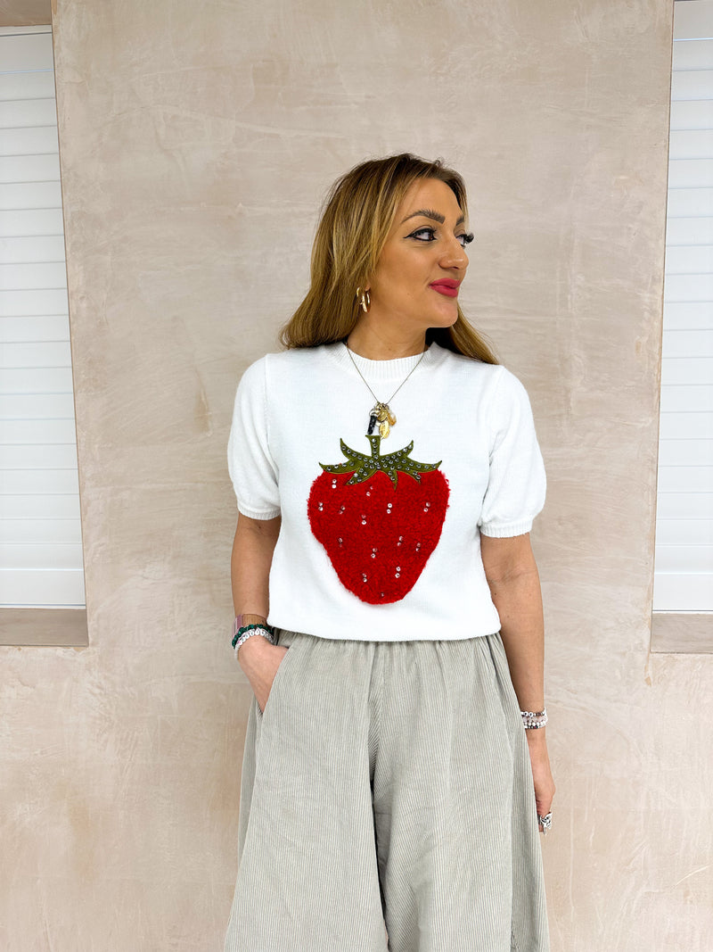 Strawberry Detail Short Sleeve Knitted Jumper In Cream