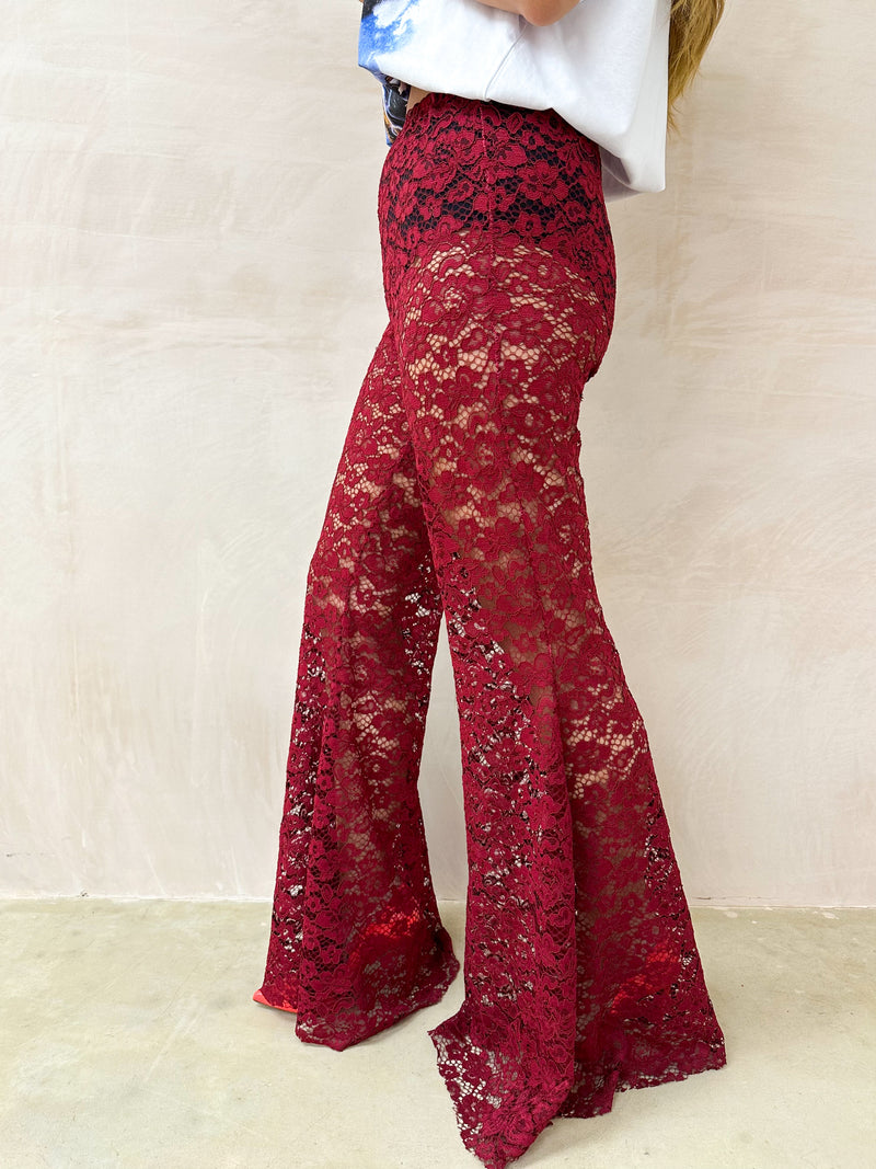 Fairytale Lace Extreme Flare Trousers In Burgundy