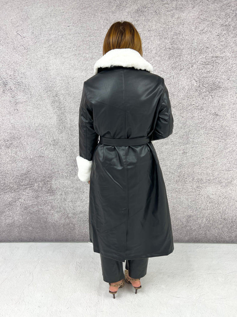 Contrast Faux Fur Detailing Faux Leather Trench Coat In Black
