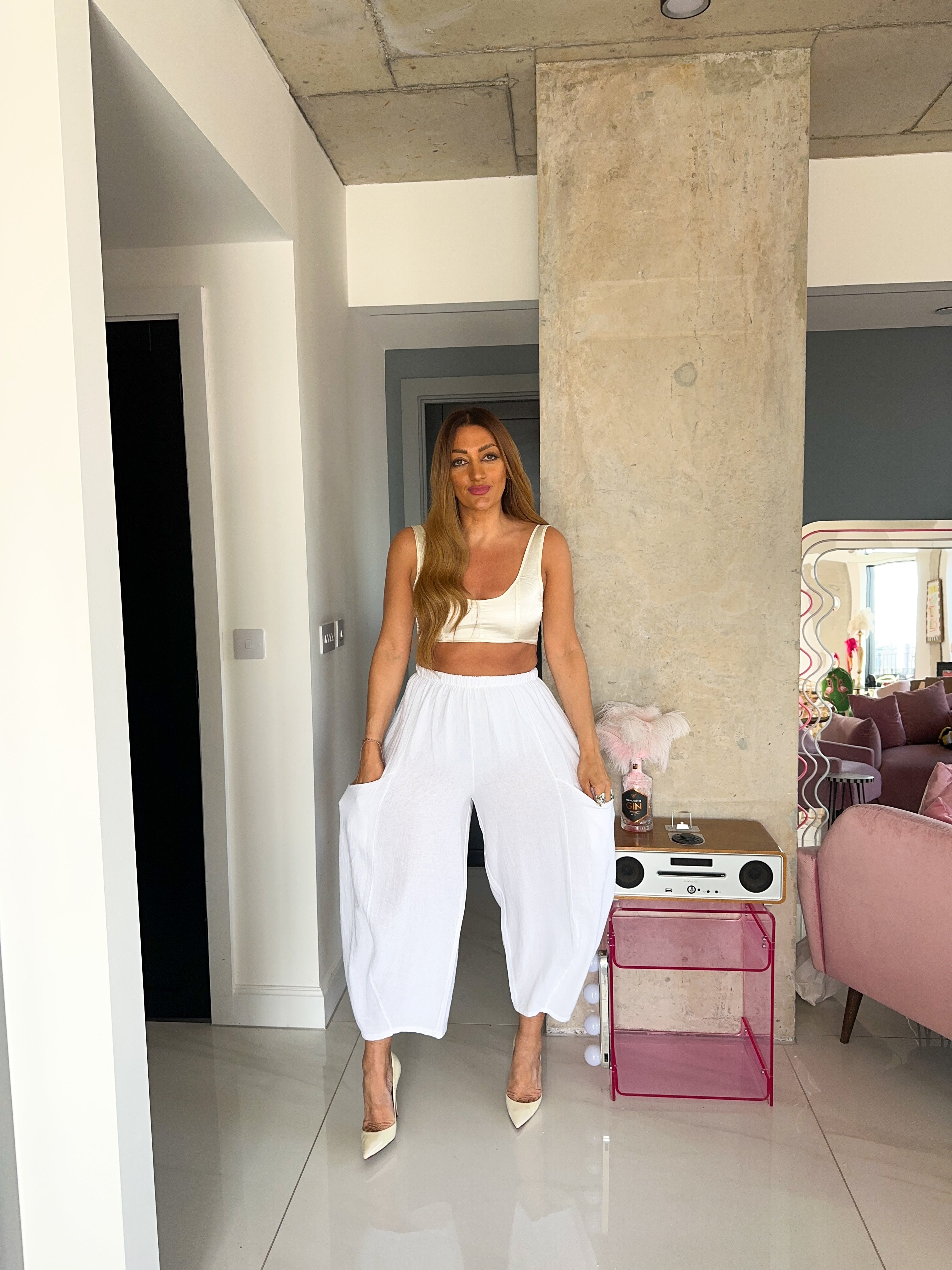 Linen Balloon Style Trousers In White