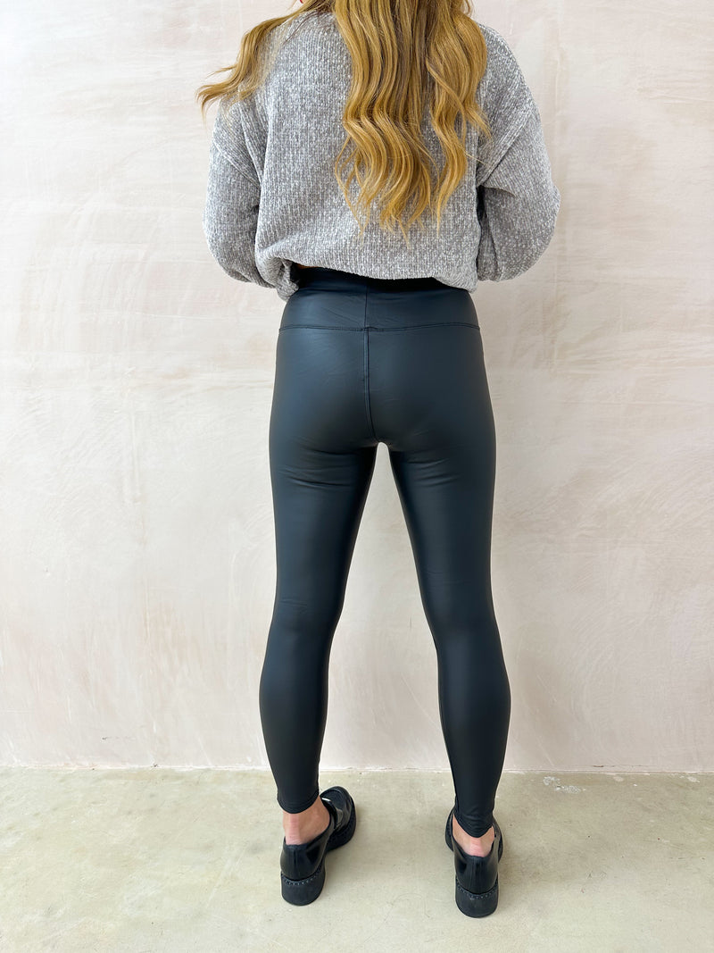 High Waisted Basic Leather Look Leggings In Black