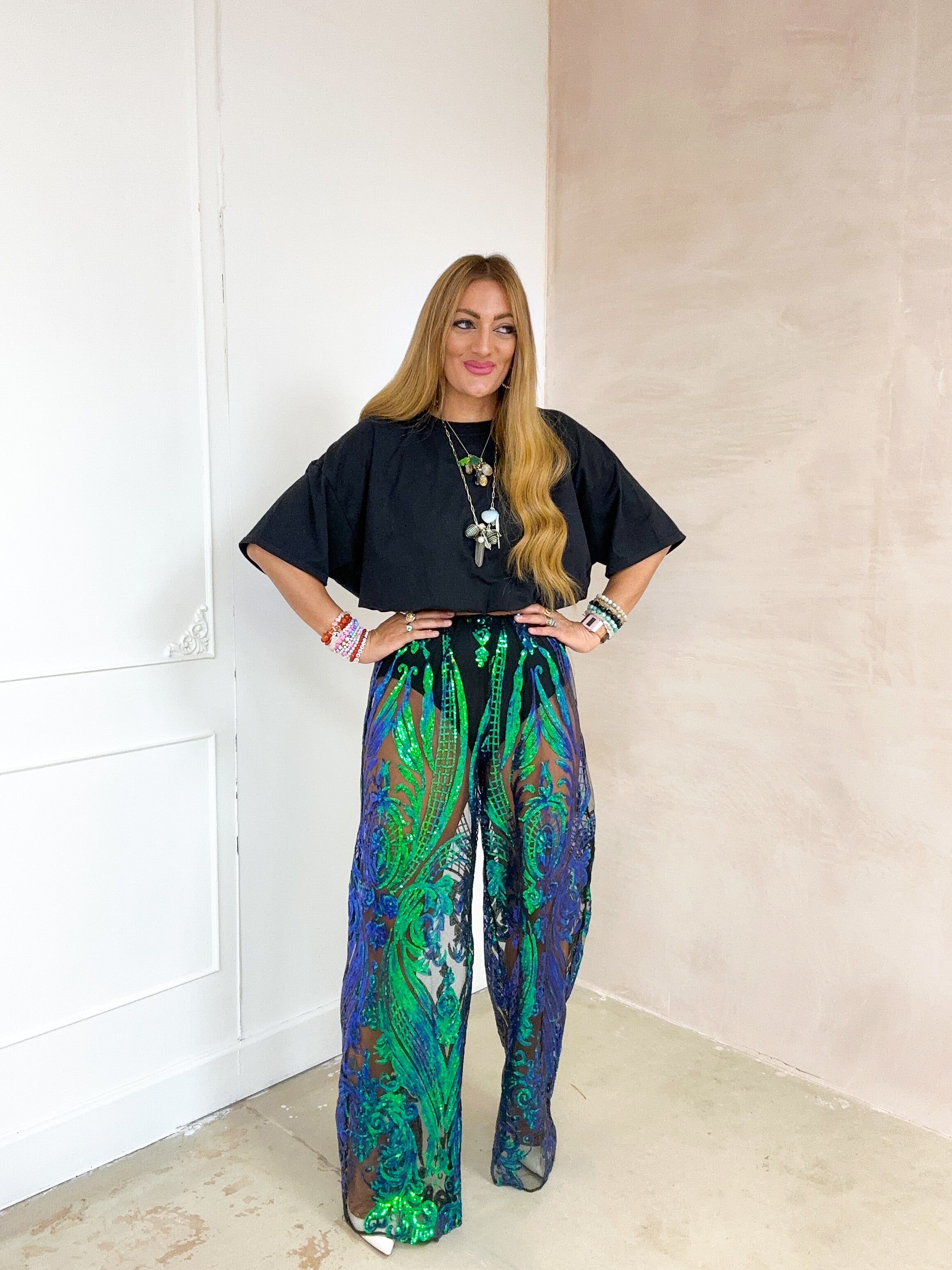 The Solaris Sequin Trousers In Bottle Green