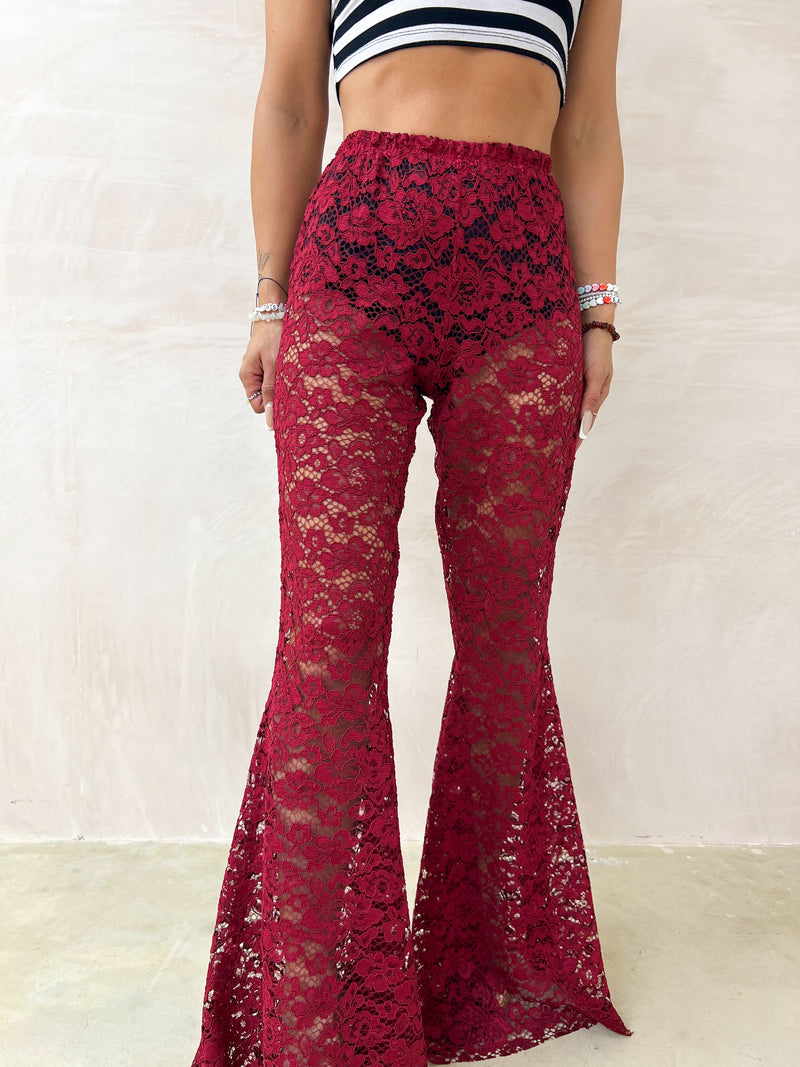 Petite - Fairytale Lace Extreme Flare Trousers In Burgundy