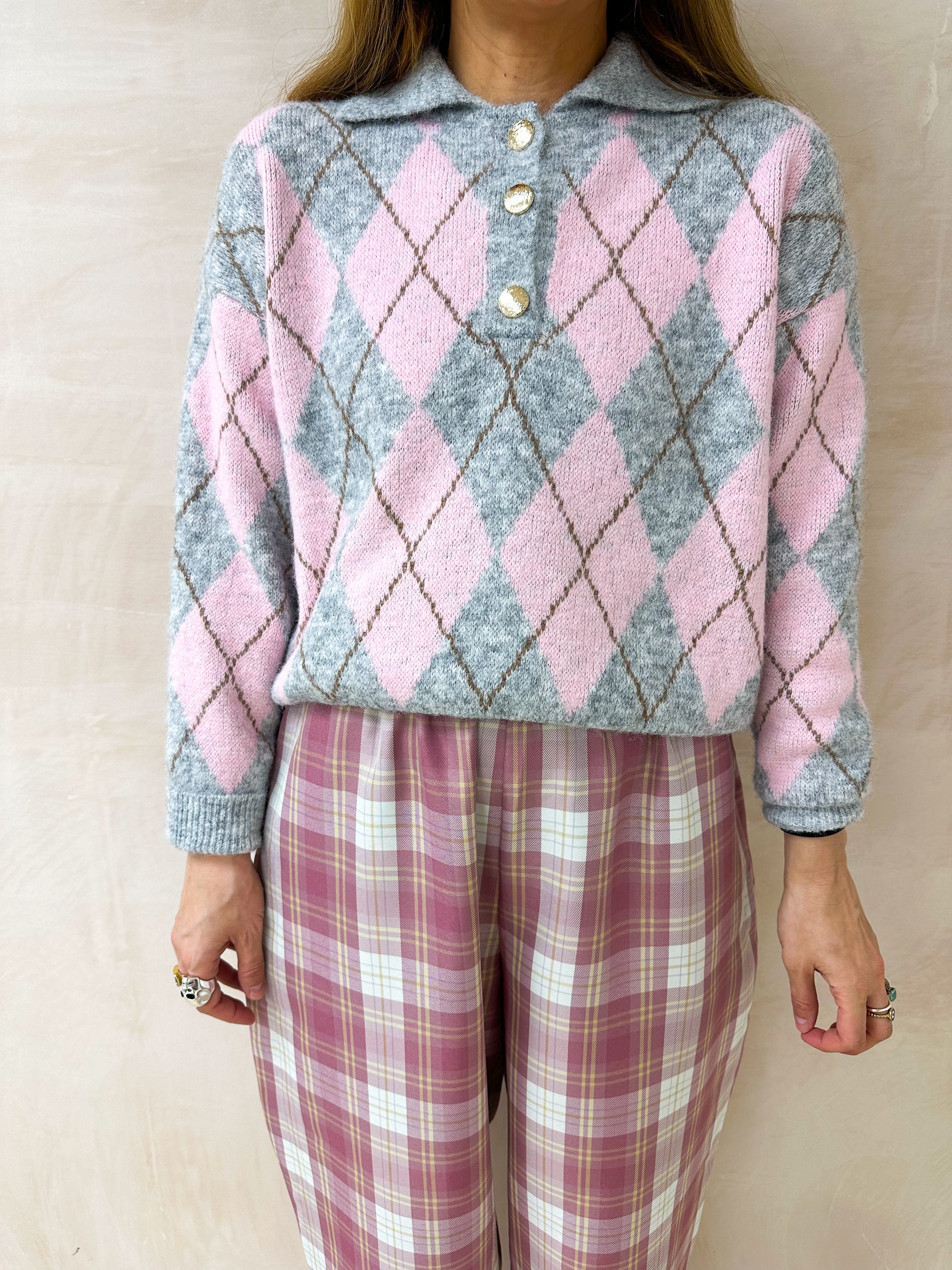 Argyle Polo Style Jumper In Grey/Pink