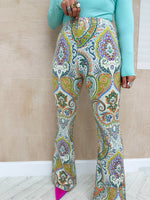 High Waisted Flared Trousers In Green Paisley Print