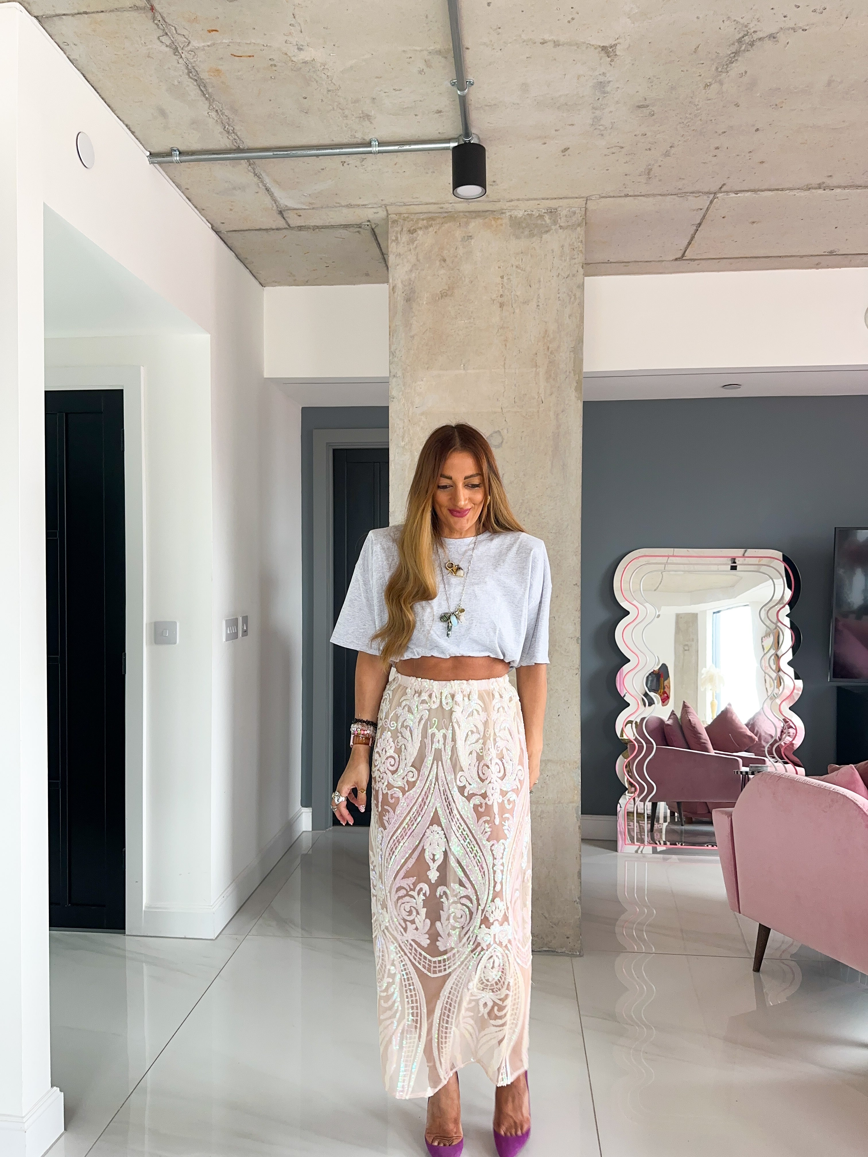 Solaris Fortuna Sequin Midi Skirt In Champagne